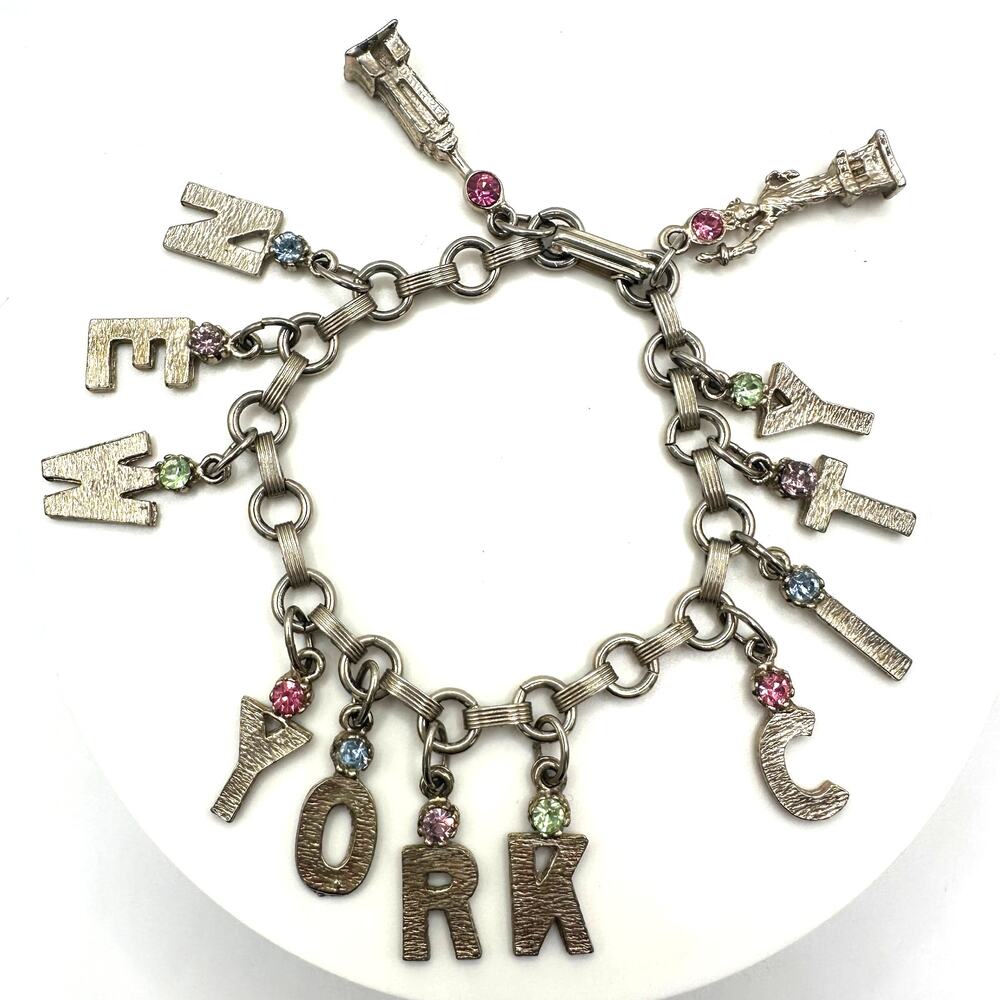 Vintage New York City gold tone multicolor rhinestones charms chain bracelet
